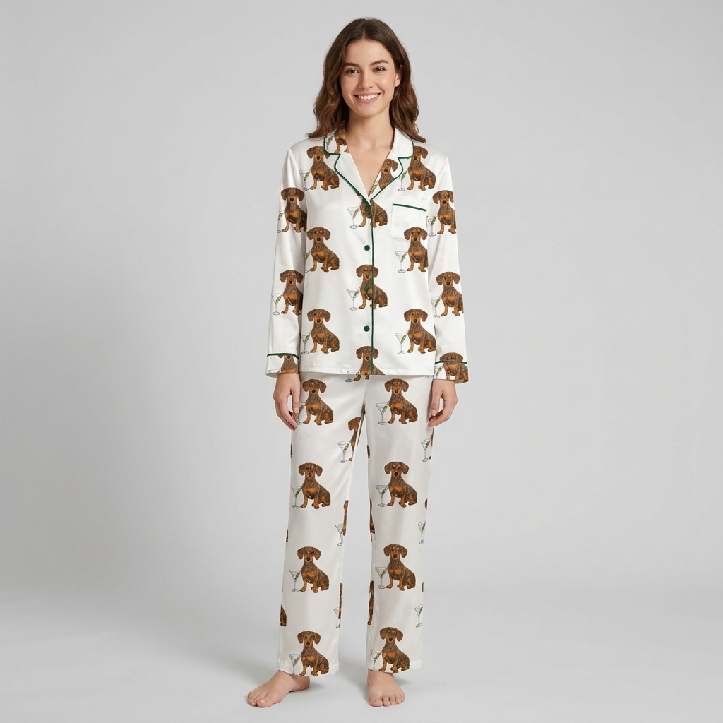 Women's satin pajama set with dachshunds beside martini glasses with olives on white with green piping - long sleeve and pants
