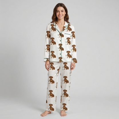 Women's satin pajama set with dachshunds beside martini glasses with olives on white with green piping - long sleeve and pants