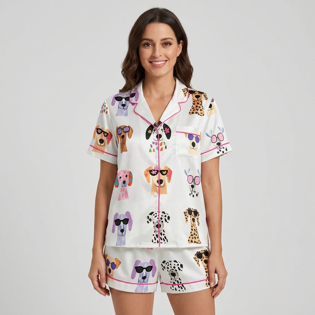 Women's satin pajama set with dalmatians and leopard-print pups in sunglasses in a grid on white - short sleeve and shorts