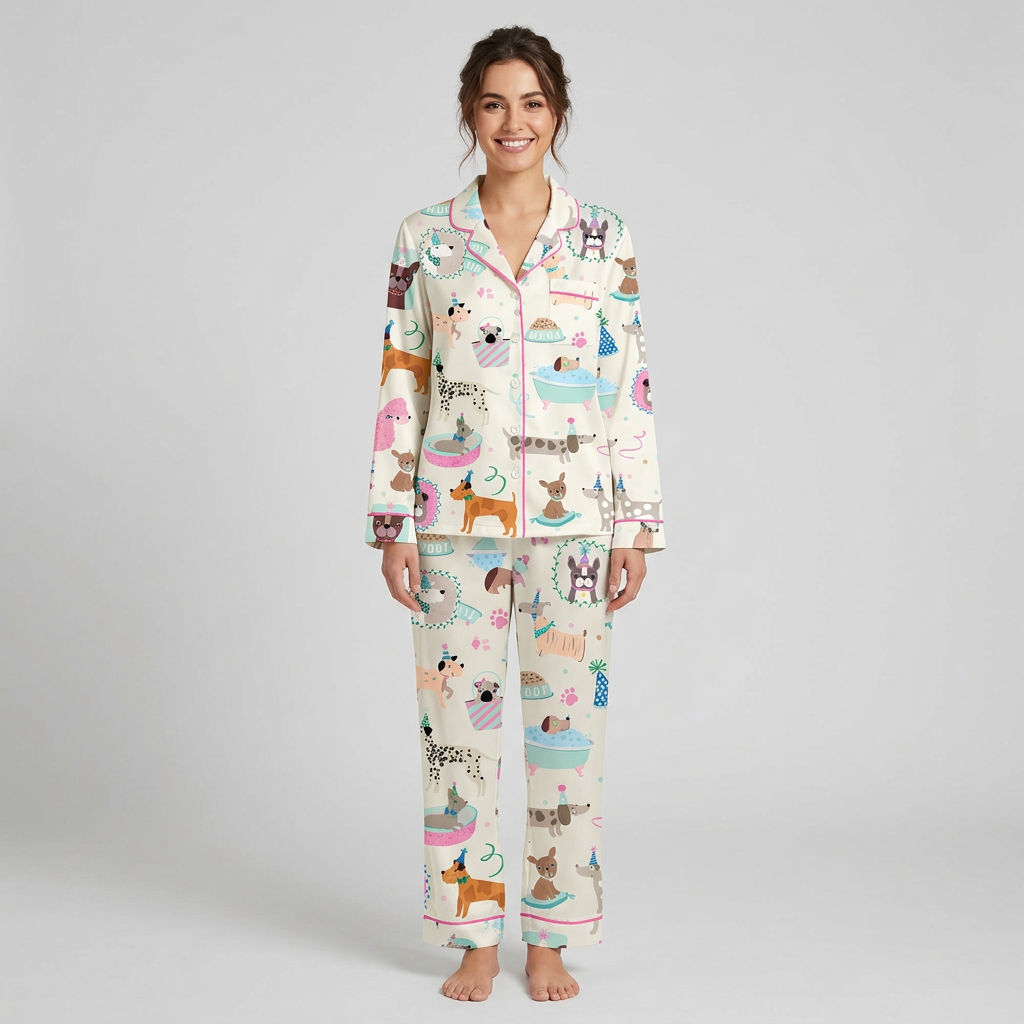 Women's satin pajama set with puppies in party hats, bubble baths and birthday cake in pink and mint - long sleeve and pants