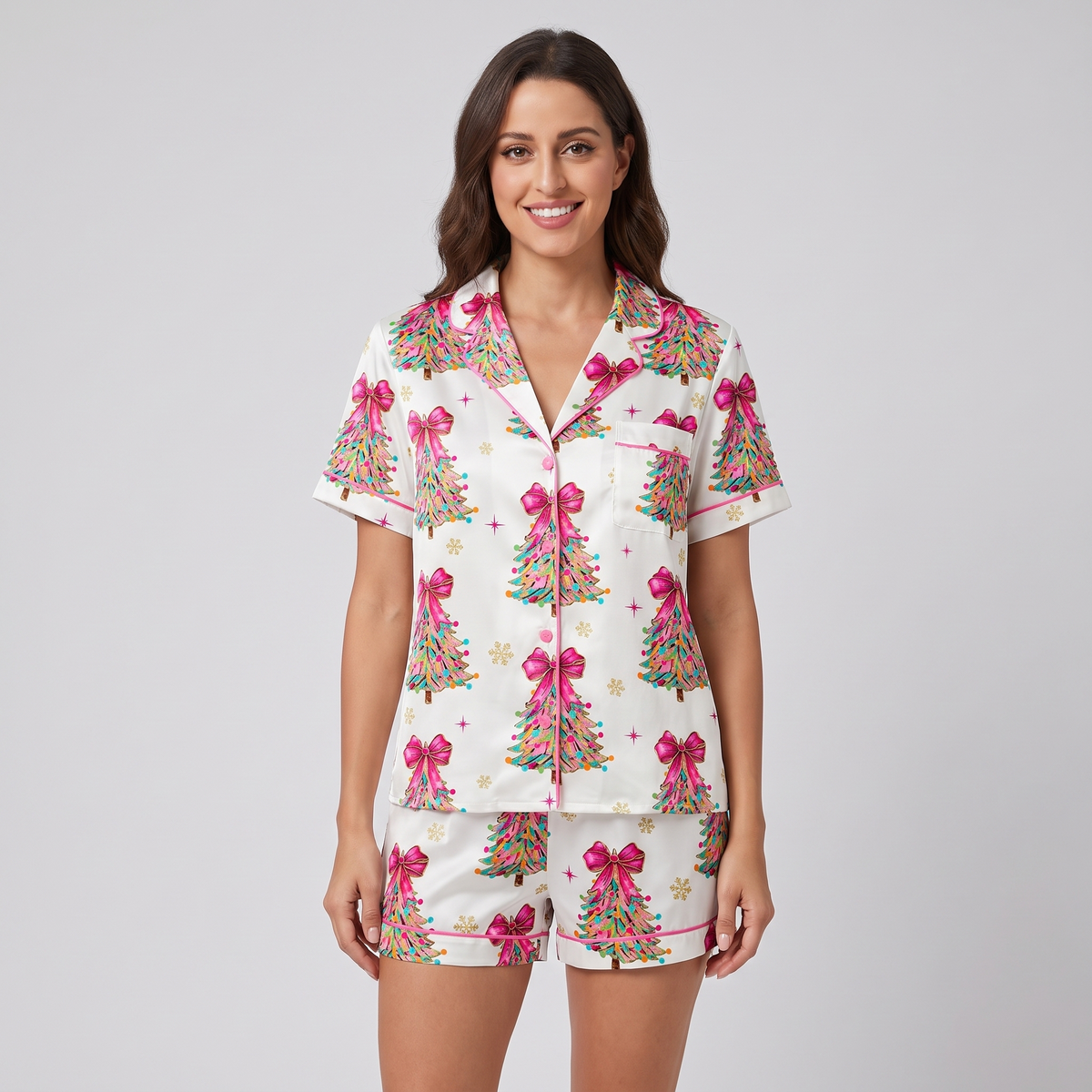 Glitter Bow Trees Women's Pajama Set - short sleeve and shorts