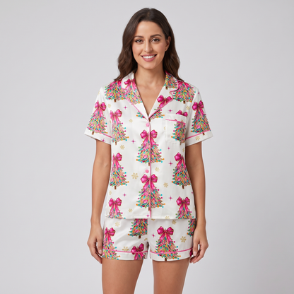 Glitter Bow Trees Women's Pajama Set - short sleeve and shorts