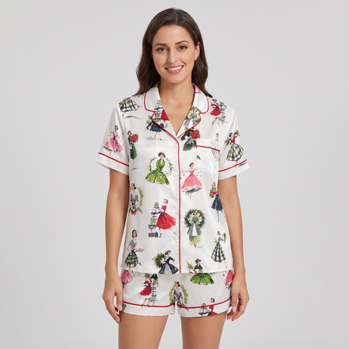 Retro Christmas Ladies Women's Pajama Set - short sleeve and shorts