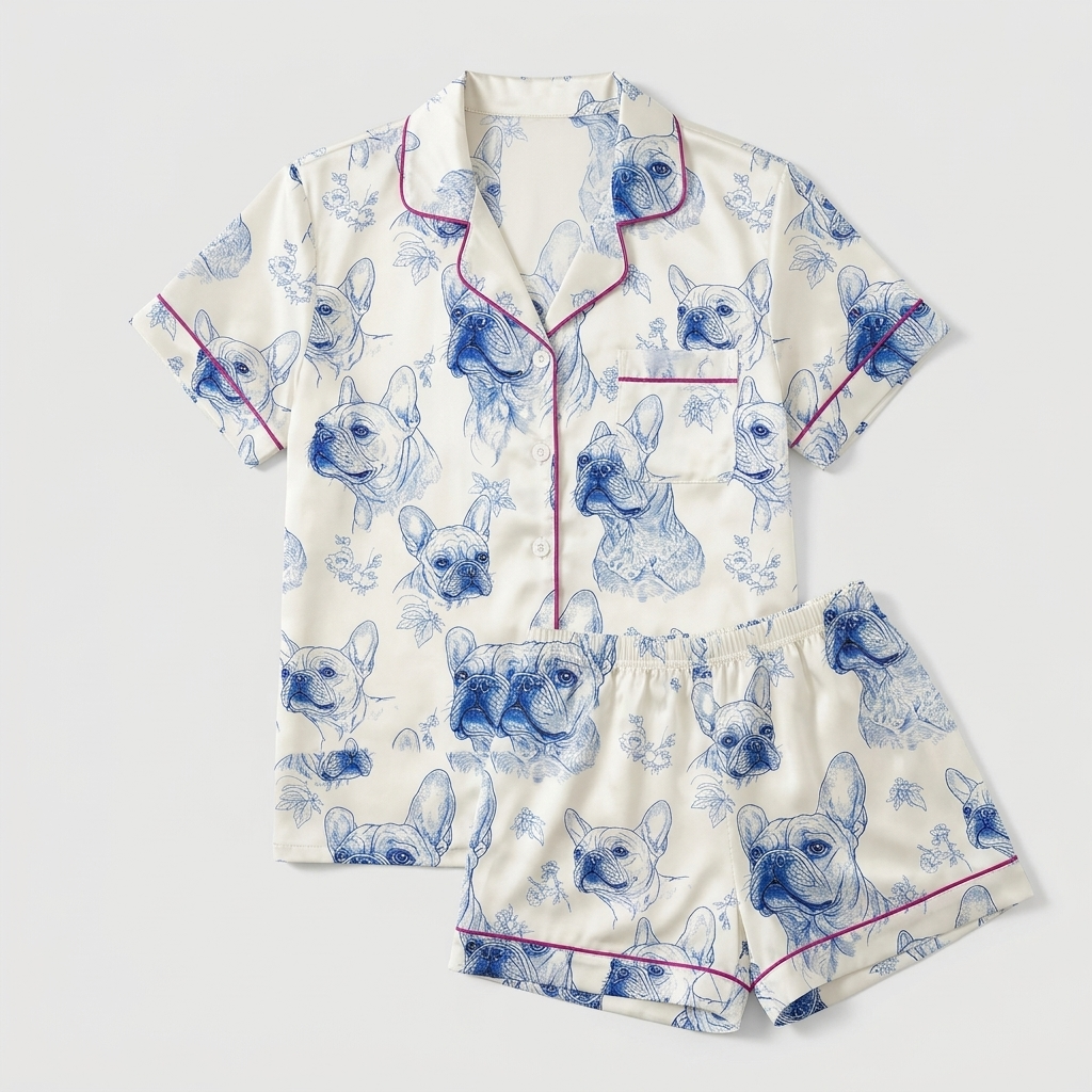 Women's satin pajama set with blue ink sketched French bulldog faces on white with fuchsia piping - flat lay