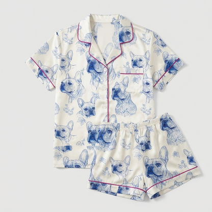 Women's satin pajama set with blue ink sketched French bulldog faces on white with fuchsia piping - flat lay