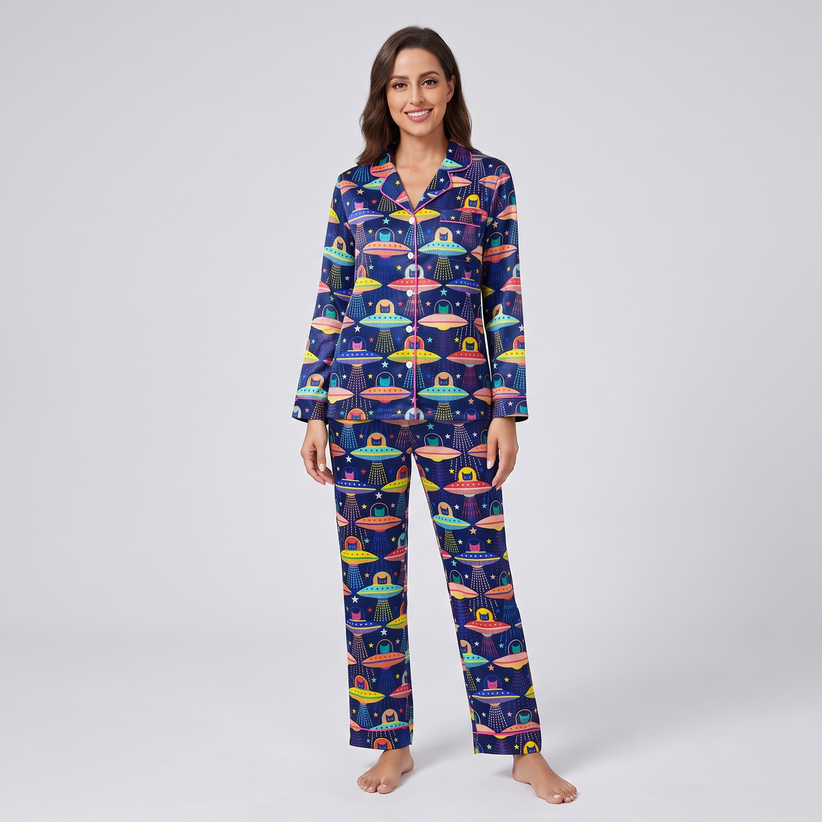 Space Saucer Cats Women's Pajama Set - long sleeve and pants
