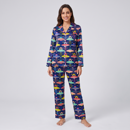 Space Saucer Cats Women's Pajama Set - long sleeve and pants