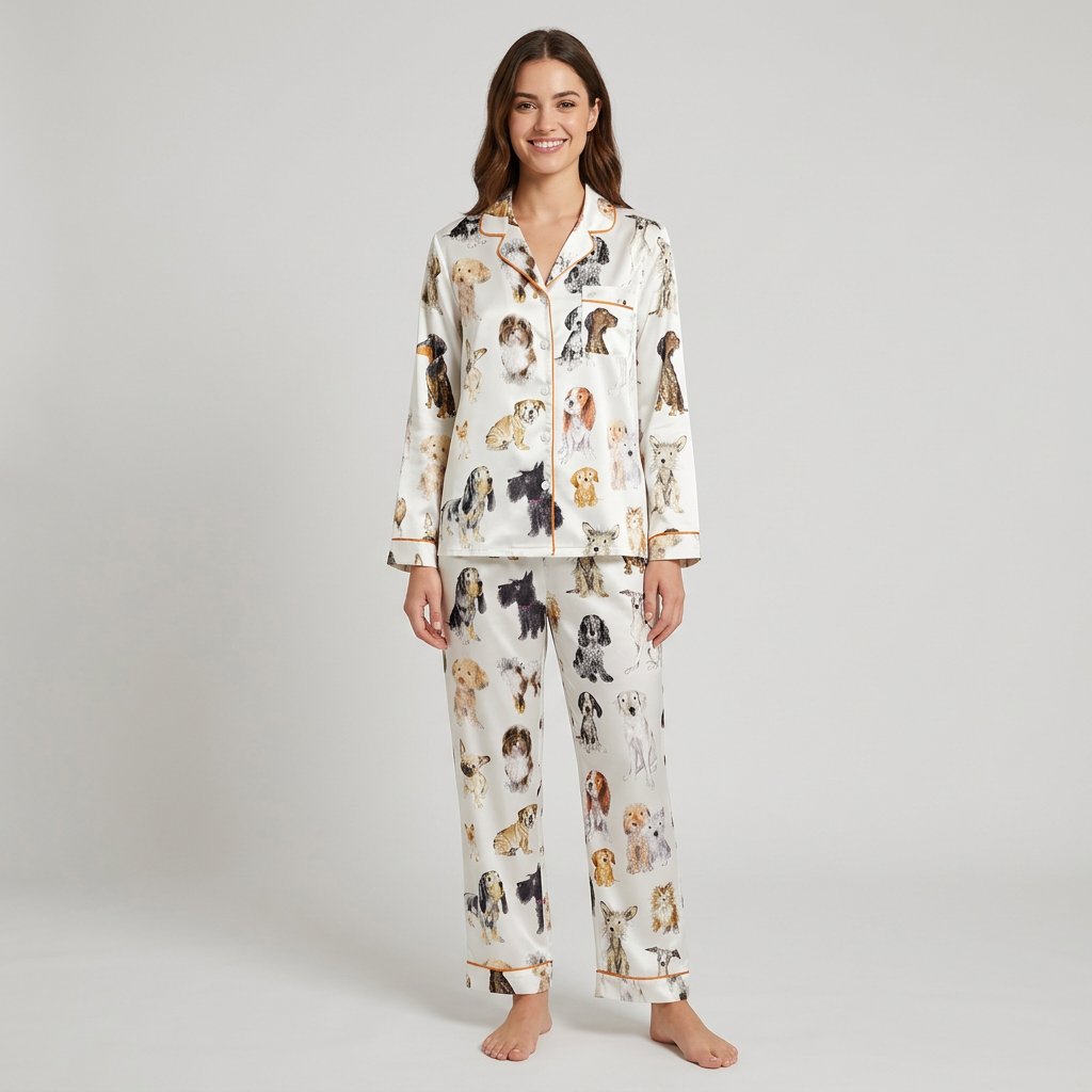 Women's satin pajama set with watercolor spaniels, terriers and whippets of many breeds on white - long sleeve and pants