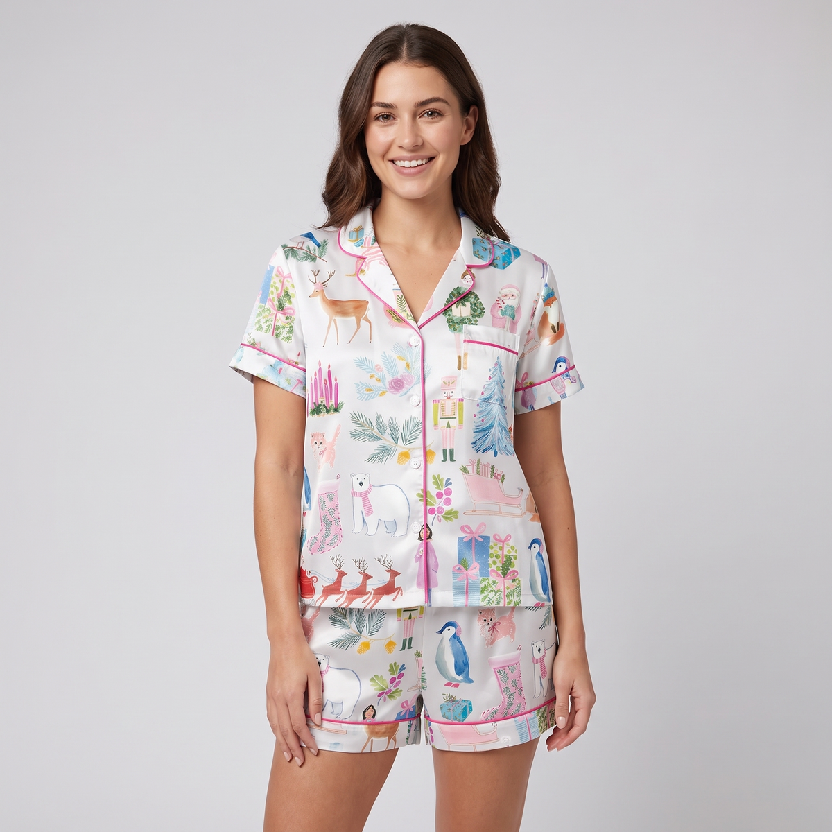 Watercolor Christmas Doodles Women's Pajama Set - short sleeve and shorts