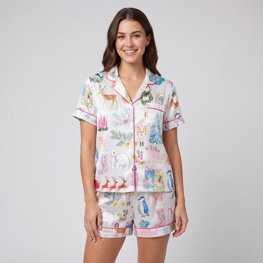 Watercolor Christmas Doodles Women's Pajama Set - short sleeve and shorts