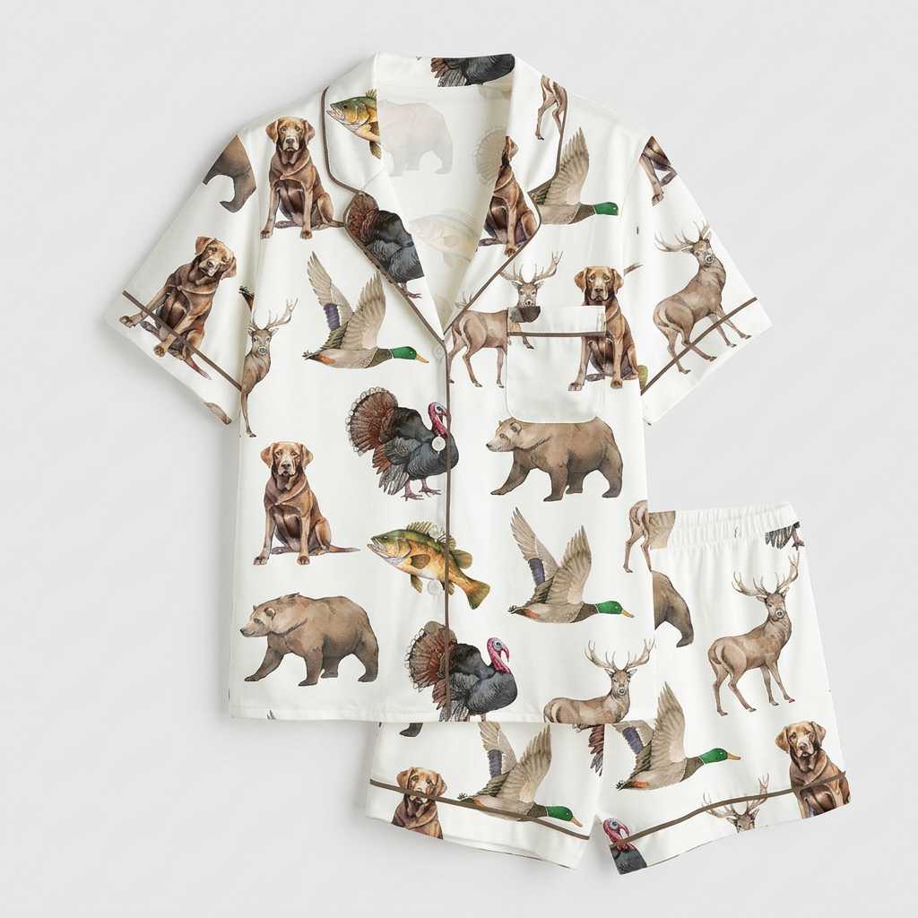Women's satin pajama set with chocolate and yellow Labradors, mallards, deer, bears and bass on white - flat lay