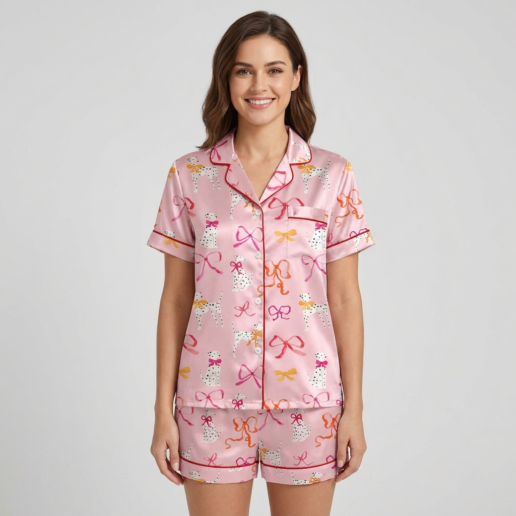 Women's satin pajama set with Dalmatians among scarlet, coral and gold ribbon bows on pink with red piping - short sleeve and shorts