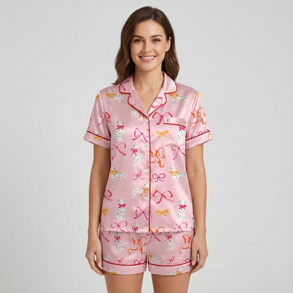 Women's satin pajama set with Dalmatians among scarlet, coral and gold ribbon bows on pink with red piping - short sleeve and shorts