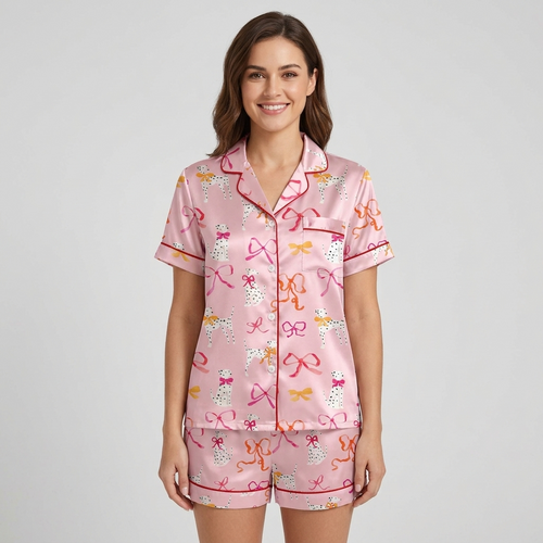 Women's satin pajama set with Dalmatians among scarlet, coral and gold ribbon bows on pink with red piping - short sleeve and shorts