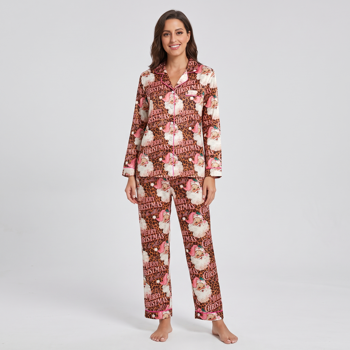 Merry Leopard Santa Women's Pajama Set - long sleeve and pants