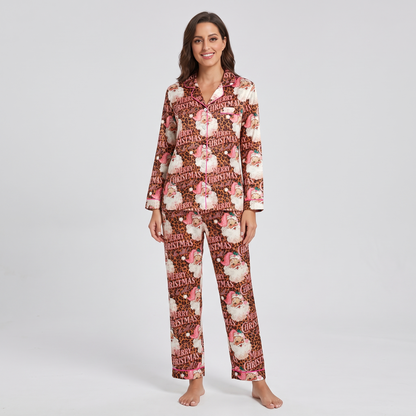 Merry Leopard Santa Women's Pajama Set - long sleeve and pants