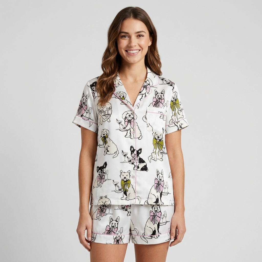 Women's satin pajama set with sketchy black-and-white dogs wearing pink and olive bows on white - short sleeve and shorts
