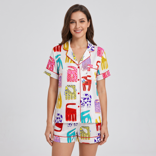 Bold Block Cats Women's Pajama Set - short sleeve and shorts