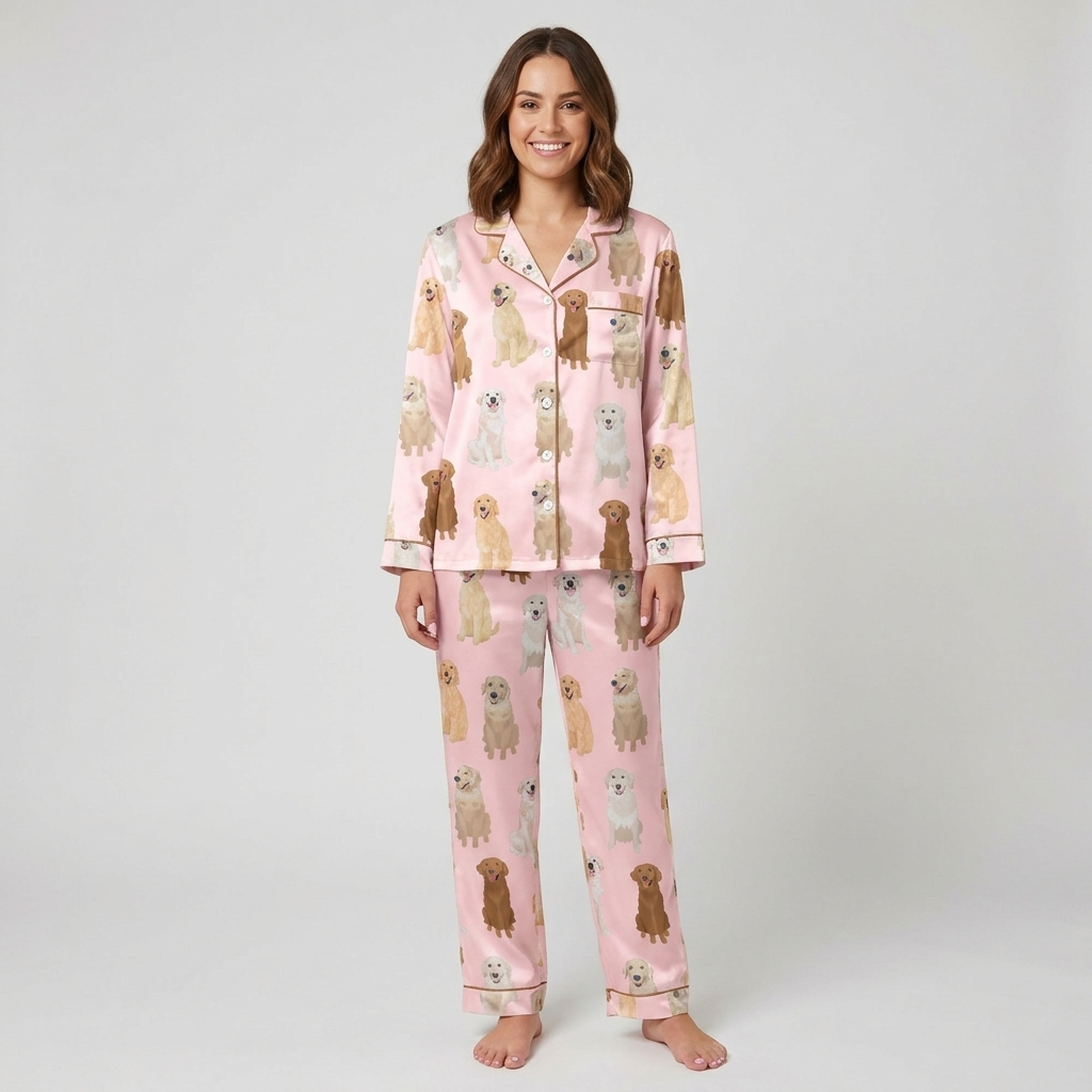 Women's satin pajama set with golden retrievers from cream to deep gold on bubblegum pink - long sleeve and pants