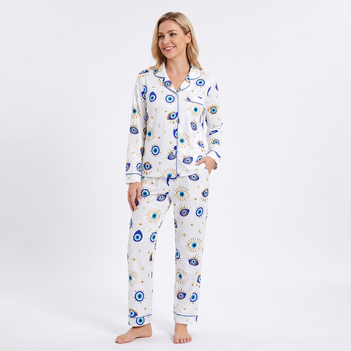Lucky Evil Eye Women's Pajama Set - White - long sleeve and pants
