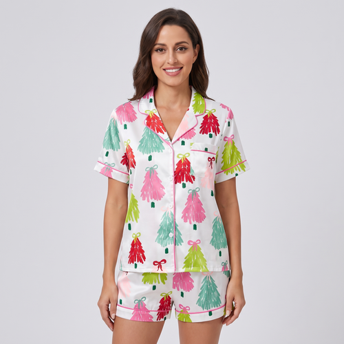 Pink, Green & Red Trees Women's Pajama Set - short sleeve and shorts