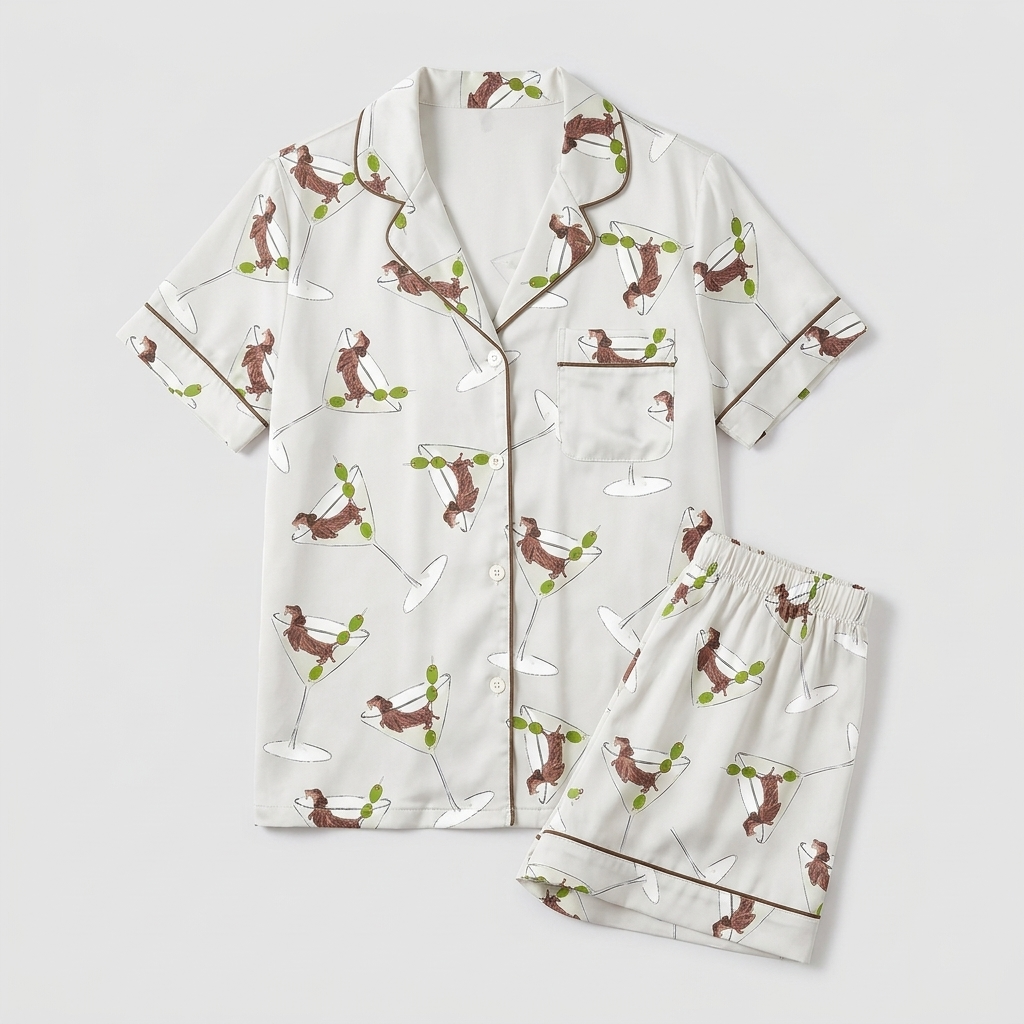 Women's satin pajama set with brown dachshunds leaping around martini glasses and olive picks on pale gray - flat lay