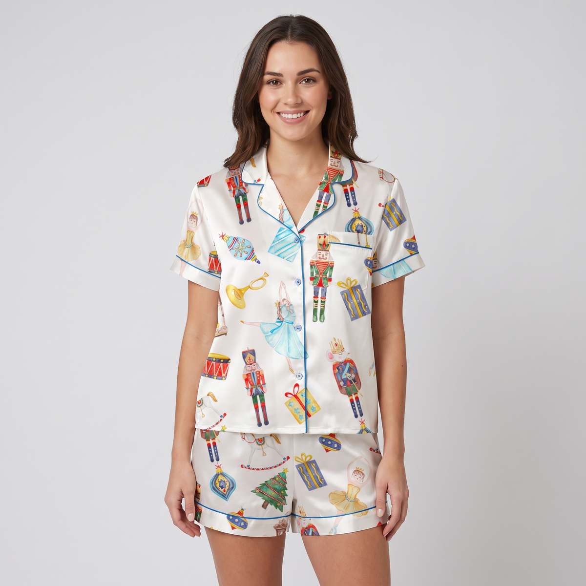 Blue Watercolor Nutcracker Women's Pajama Set - short sleeve and shorts