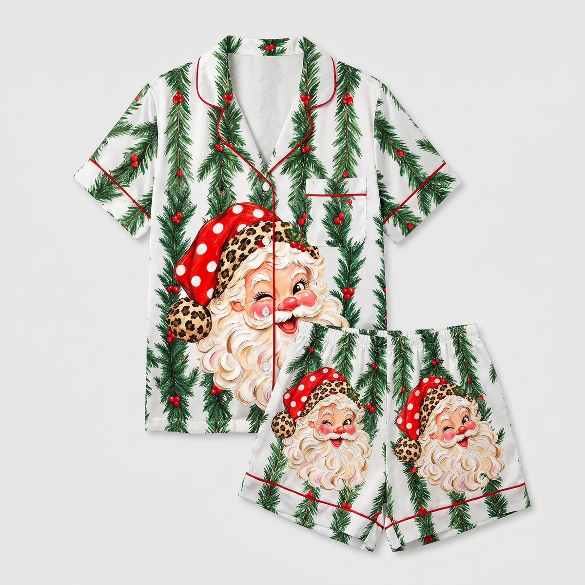 Leopard Hat Santa Wreath Women's Pajama Set - flat lay