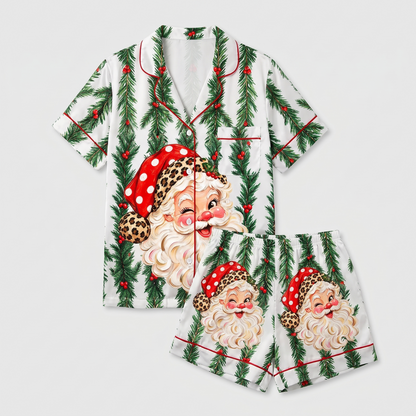 Leopard Hat Santa Wreath Women's Pajama Set - flat lay