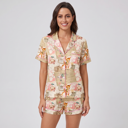 Vintage Christmas Collage Women's Pajama Set - short sleeve and shorts