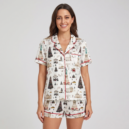 NYC Landmarks Christmas Women's Pajama Set - short sleeve and shorts