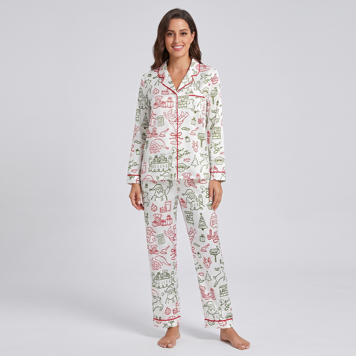 Santa Line Art Women's Pajama Set - long sleeve and pants