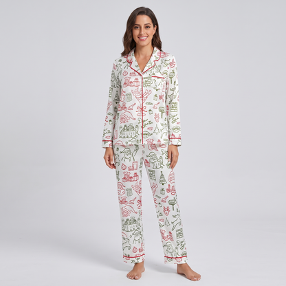 Santa Line Art Women's Pajama Set - long sleeve and pants