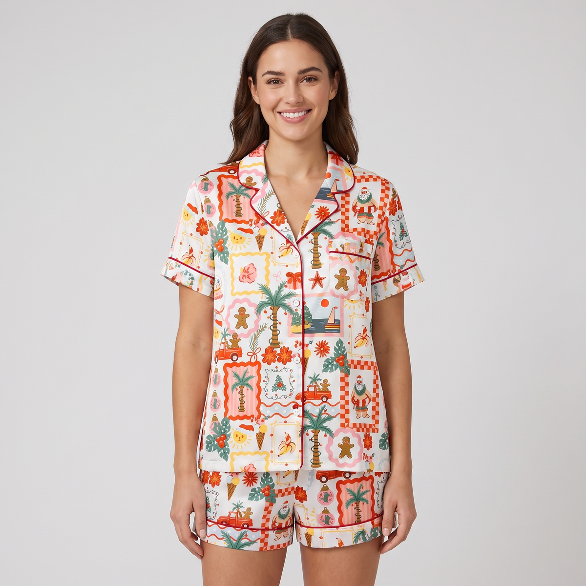 Tropical Christmas Tiles Women's Pajama Set - short sleeve and shorts