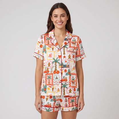 Tropical Christmas Tiles Women's Pajama Set - short sleeve and shorts