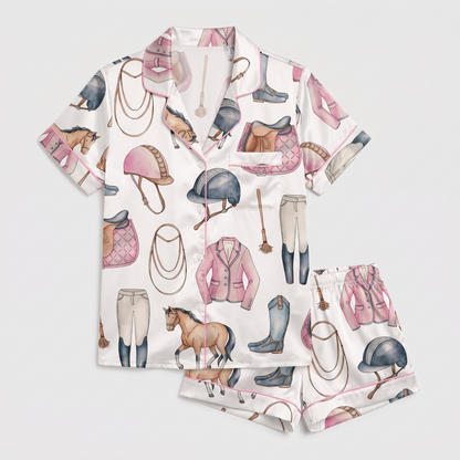 Pearls and Pink Helmets Horse Women's Pajama Set - flat lay