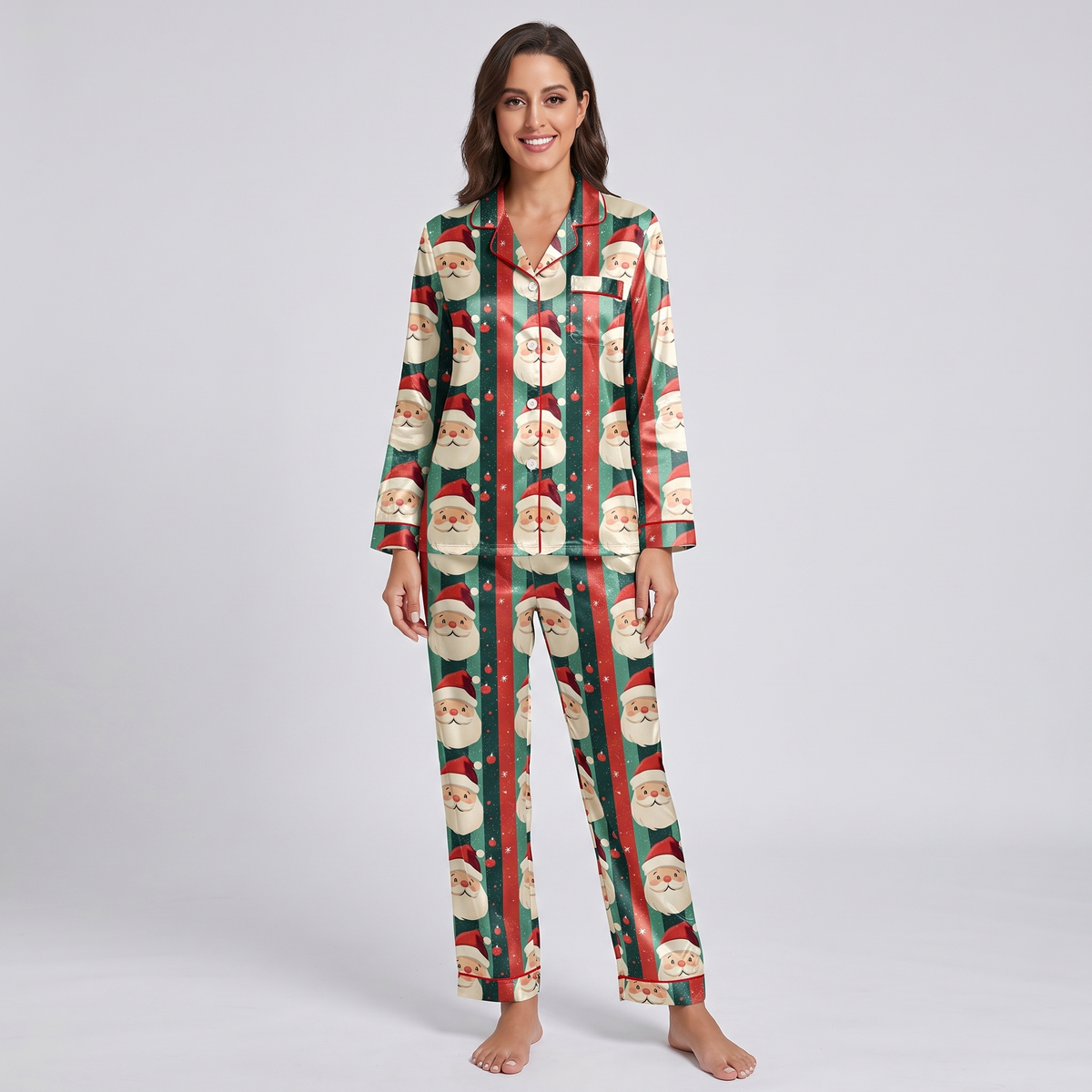 Candy Stripe Santas Women's Pajama Set - long sleeve and pants