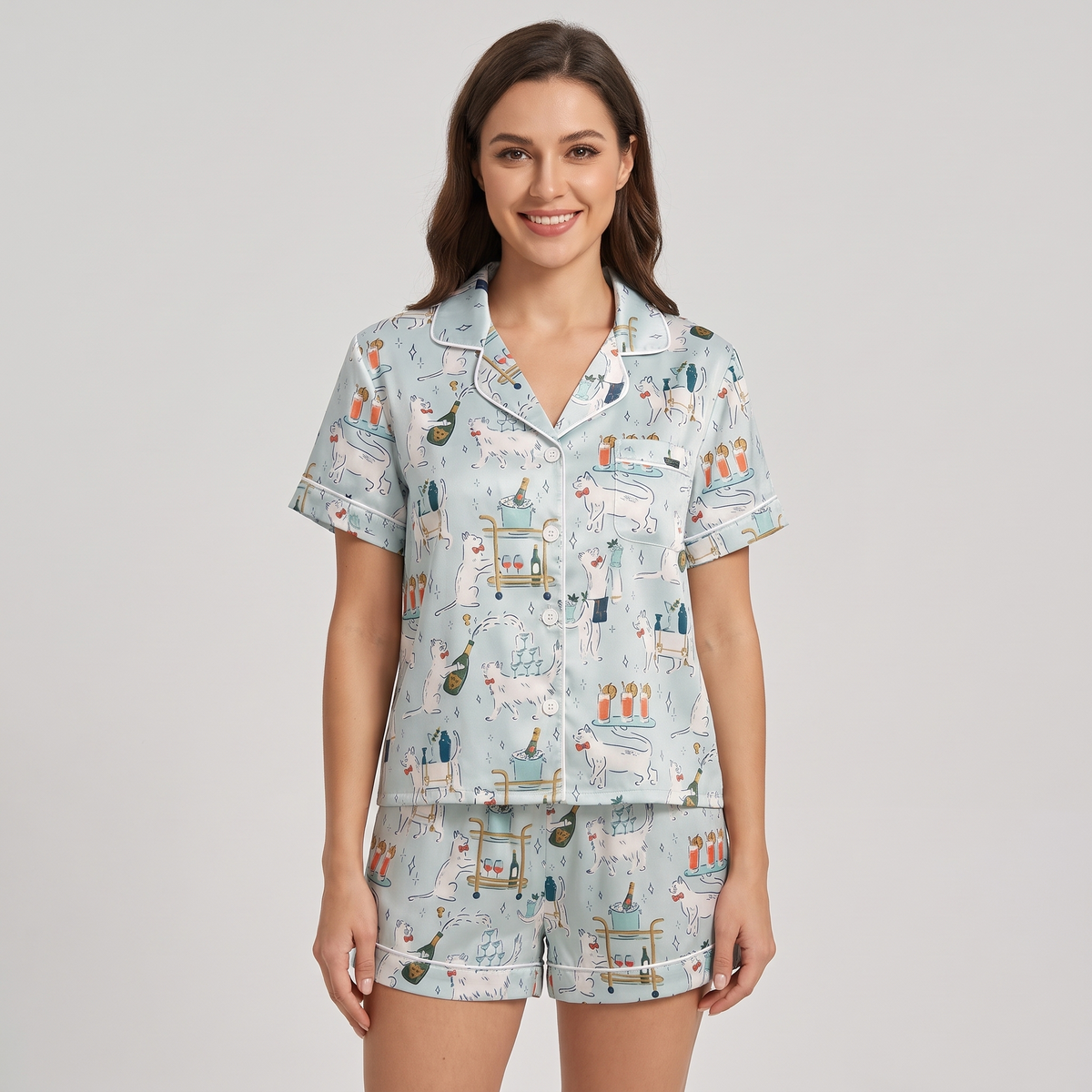 Cocktail Cart Cats Women's Pajama Set - short sleeve and shorts
