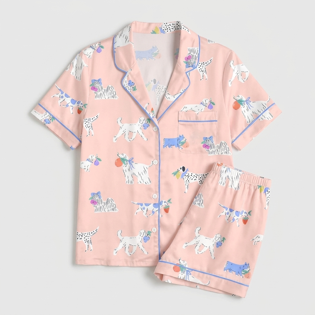 Women's satin pajama set with Dalmatians in periwinkle bows holding tiny bouquets on soft blush pink - flat lay
