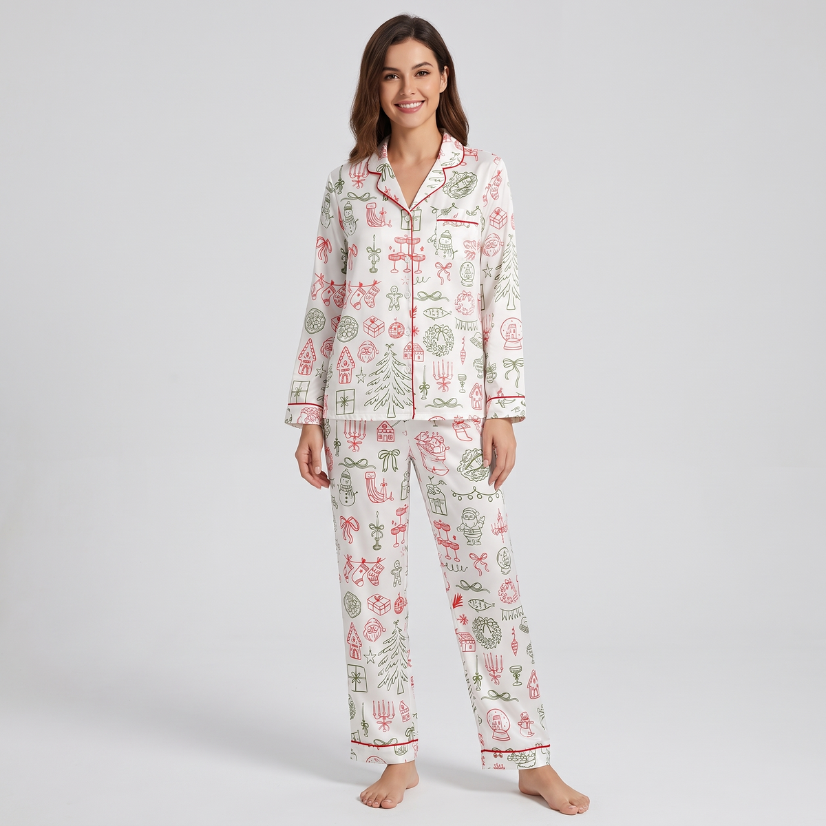 Christmas Line Art Red & Green Women's Pajama Set - long sleeve and pants