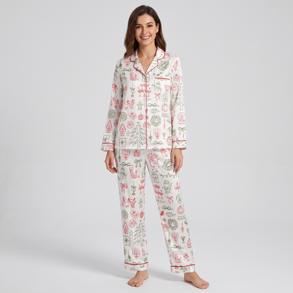 Christmas Line Art Red & Green Women's Pajama Set - long sleeve and pants