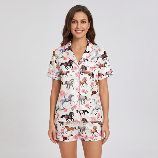 Pink Rose Gallop Horses Women's Pajama Set - short sleeve and shorts
