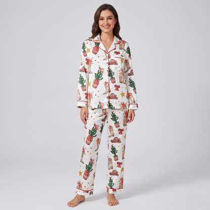 Cowboy Boots & Cactus Christmas Women's Pajama Set - long sleeve and pants