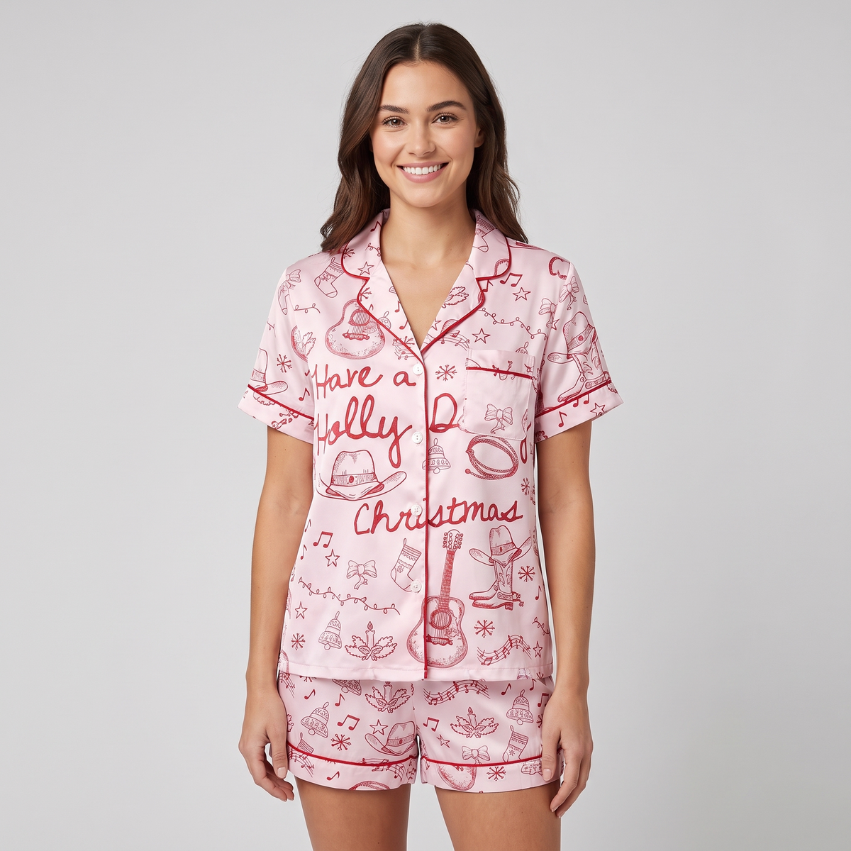 Have A Holly Dolly Christmas Women's Pajama Set - Light Pink