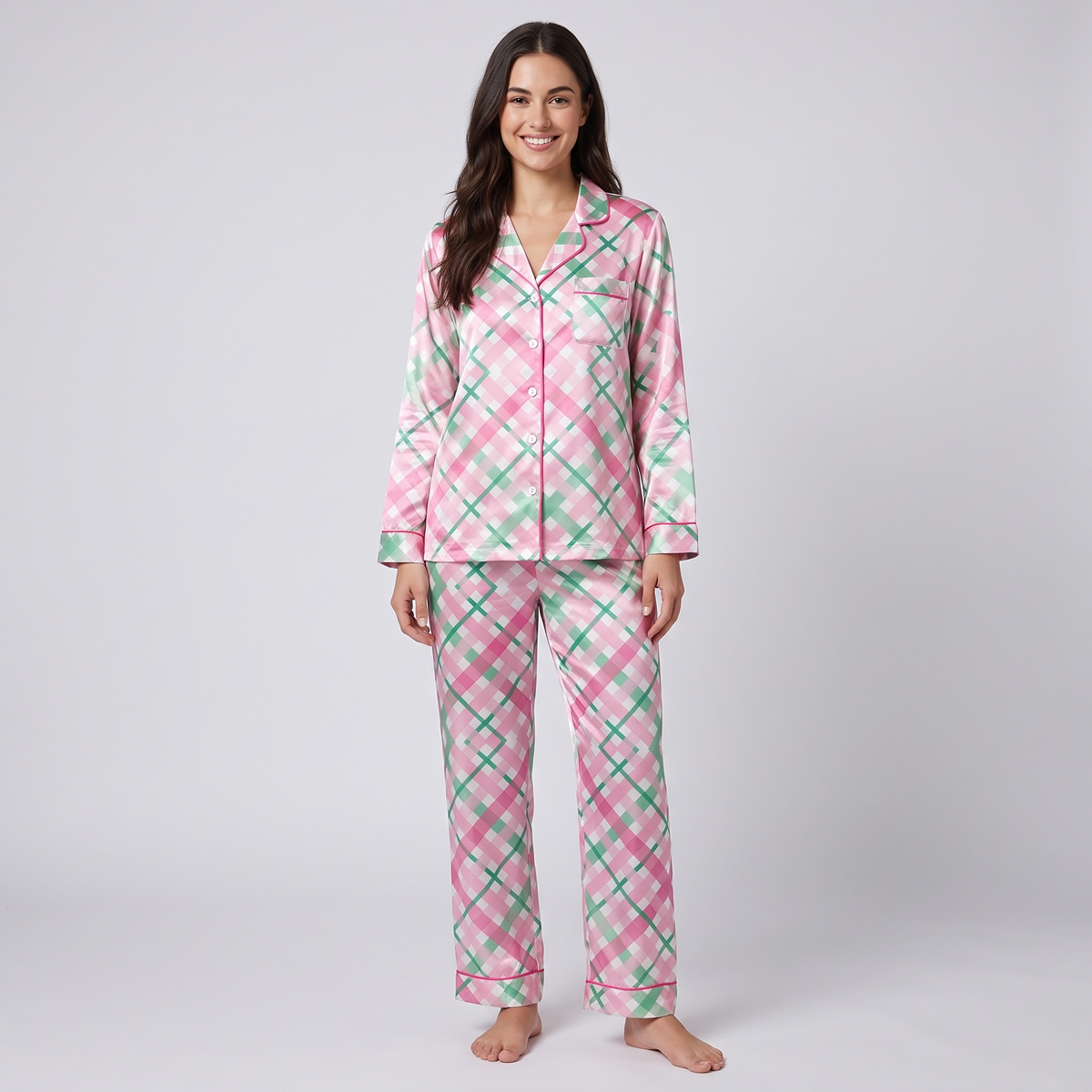 Pink Bias Plaid Women's Pajama Set - long sleeve and pants