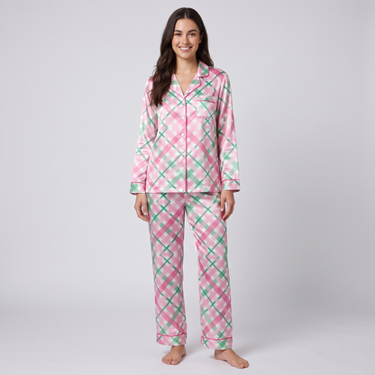 Pink Bias Plaid Women's Pajama Set - long sleeve and pants