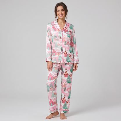Dreamy Pink Houses Women's Pajama Set - long sleeve and pants
