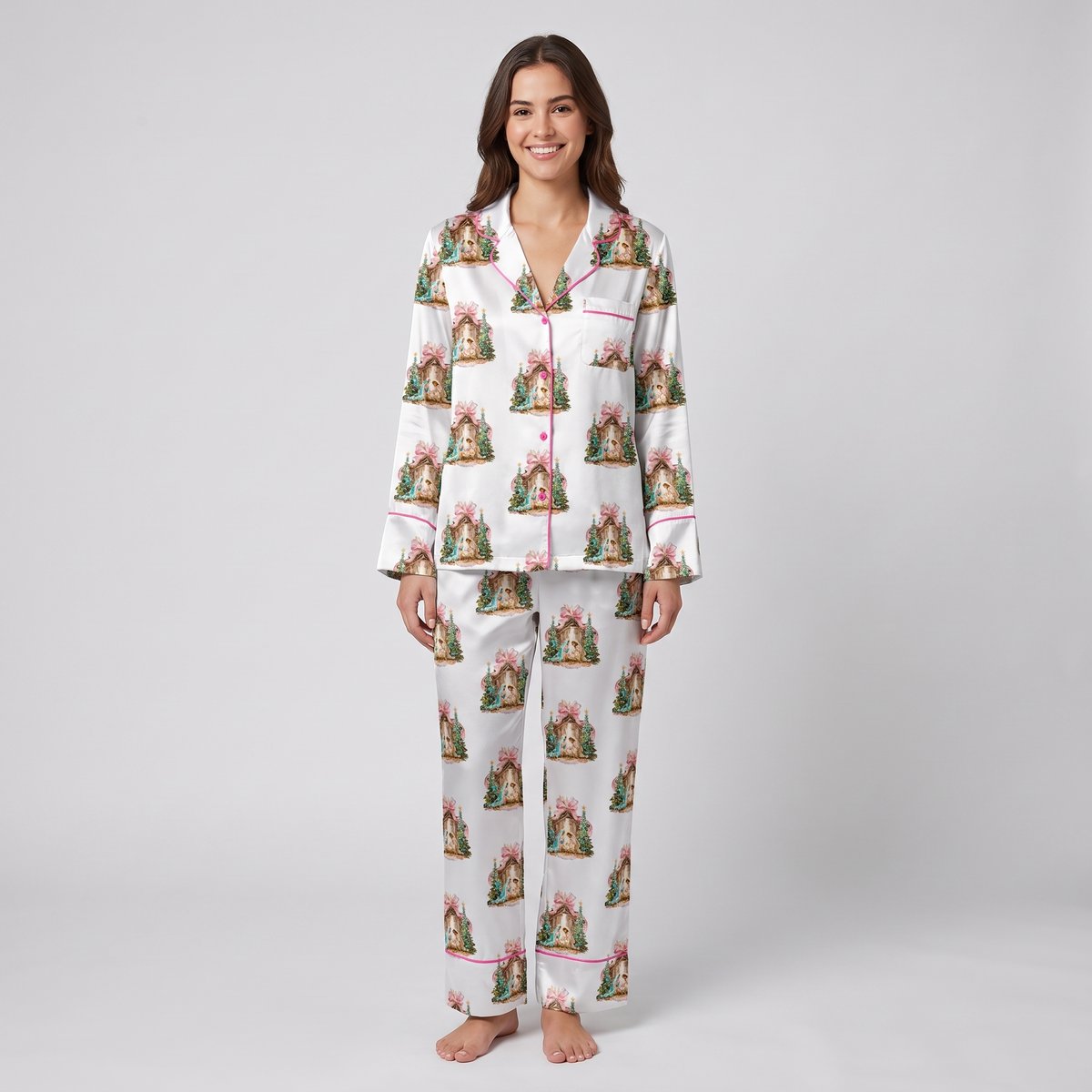 Glitter Nativity Scene Women's Pajama Set - long sleeve and pants