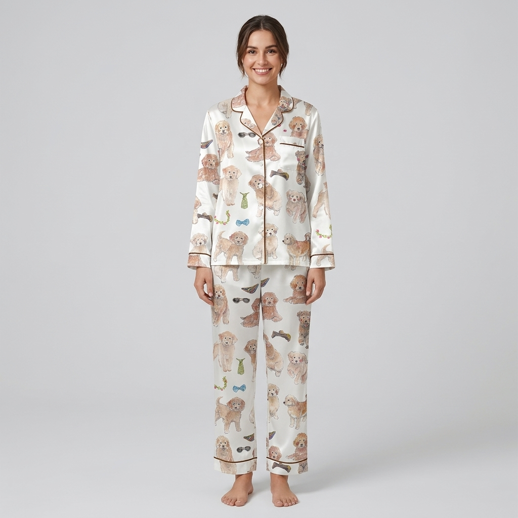 Women's satin pajama set with watercolor goldendoodle puppies in sunglasses and bow ties on white - long sleeve and pants