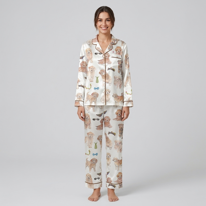 Women's satin pajama set with watercolor goldendoodle puppies in sunglasses and bow ties on white - long sleeve and pants